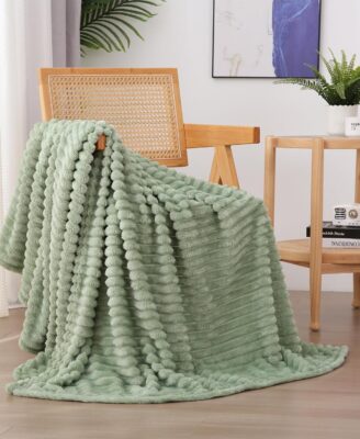 Sage Green Fleece Throw Blanket 50”×60” for Couch Sofa Bed,Super Soft Cozy Plush Microfiber Flannel Blanket with Stripes Design Lightweight for Adults,Woman,Girls